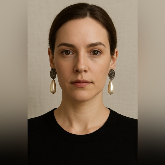 Vintage 1930’s Sterling Silver Repoussé Scroll Drop Earrings Faux Pearl Teardrop - Picture 2 of 8